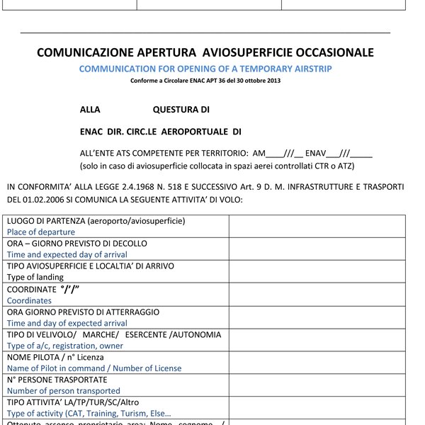 Consulta la Modulistica per le Aviosuperfici Occasionali